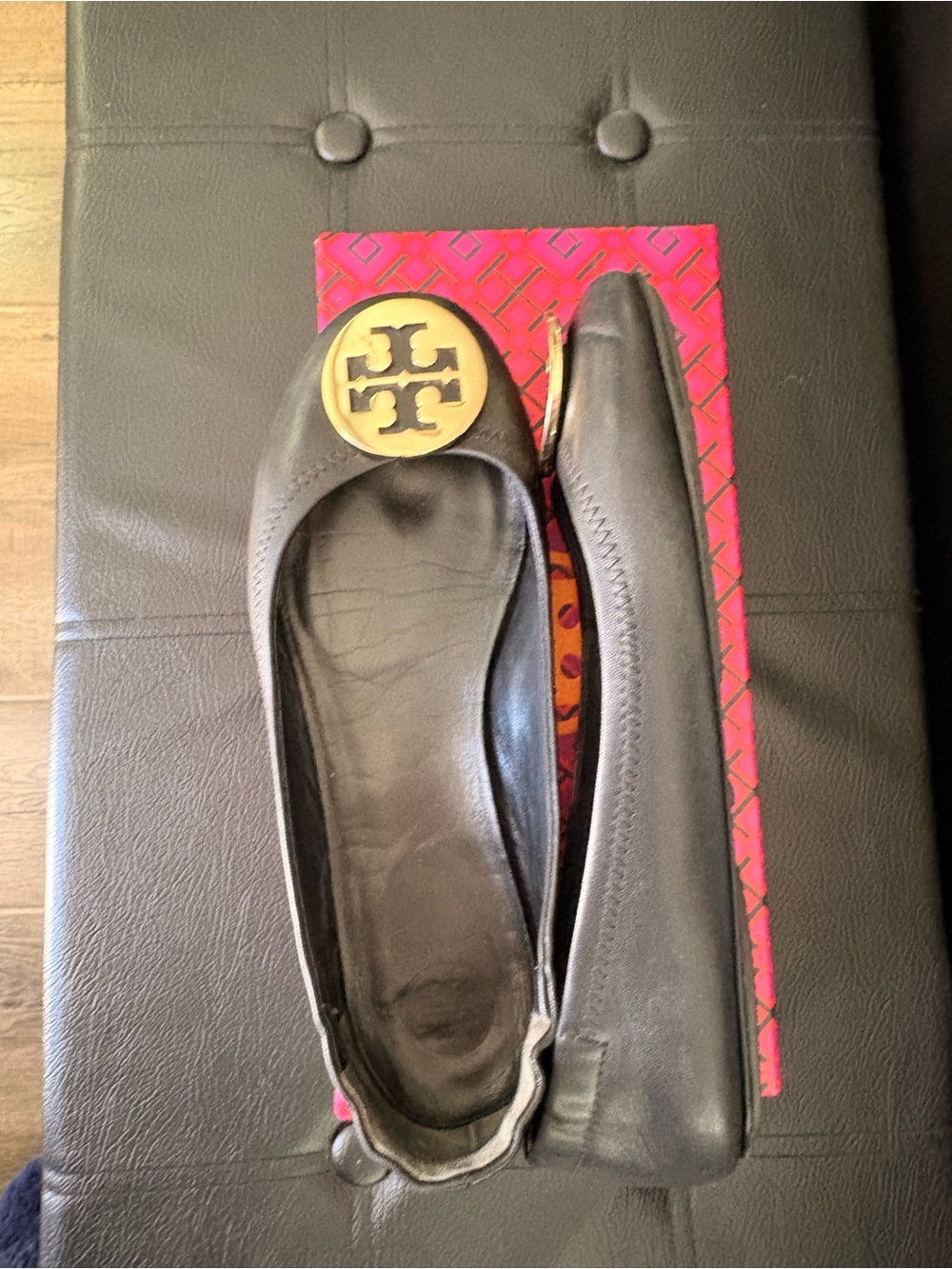 Tory Burch Black Leather Flats with Gold Logo Medallions - Picture 5 of 10